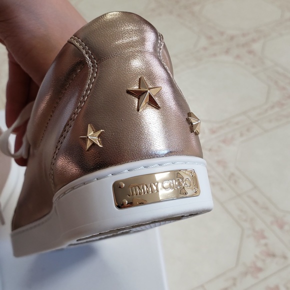NWT Jimmy Choo Shoes Leather Sneaker Rose Gold Designer Luxury Sneaker Presents - Picture 8 of 16
